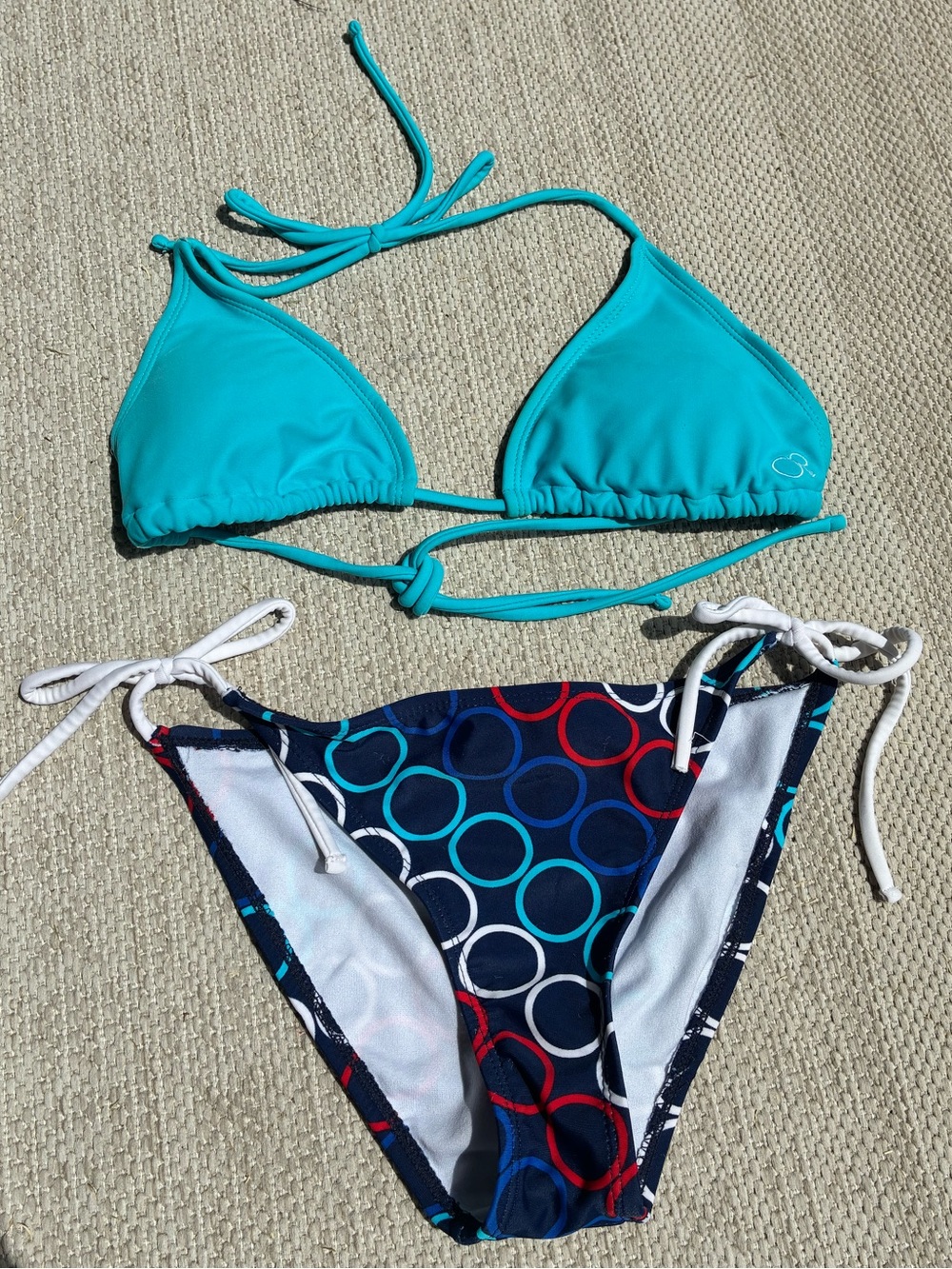 Turquoise Triangle Bikini Top with Navy Circle Print Bottom